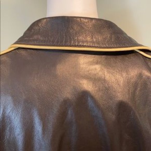 Rare vintage Mark Eisen collection brown leather coat with light tan piping - Picture 5 of 9